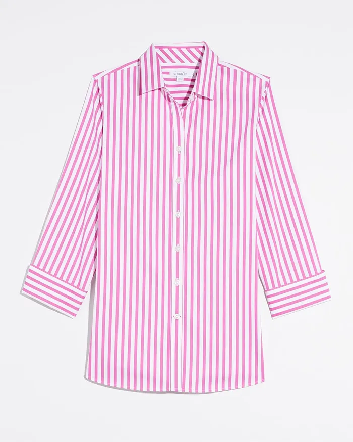 Chico039s No Iron Stretch 34 Sleeve Stripe Shirt Bahamian Pink Women Tops