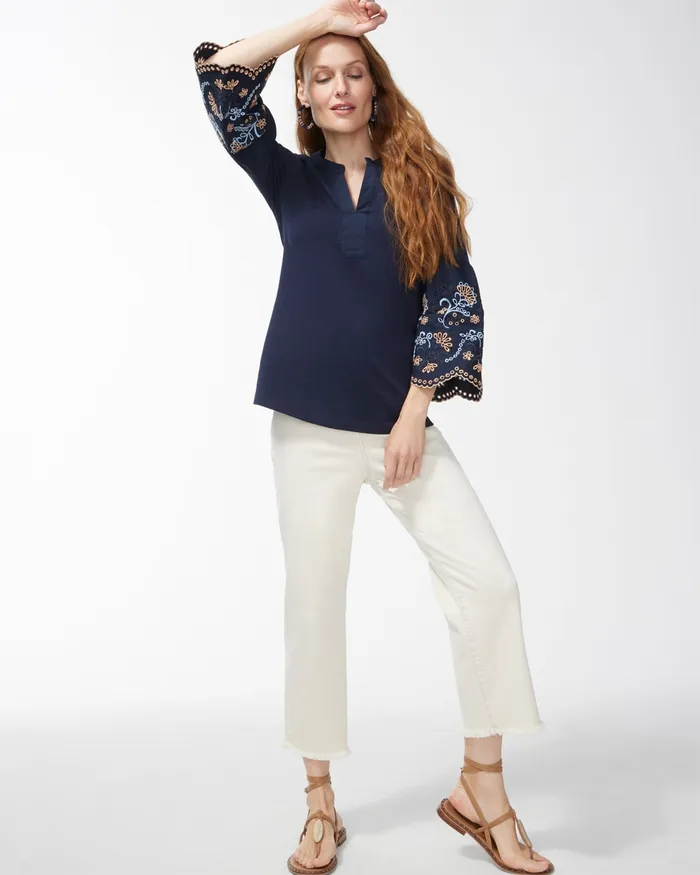 Chico039s Notch Neck 34 Sleeve Top Classic Navy Women Tops