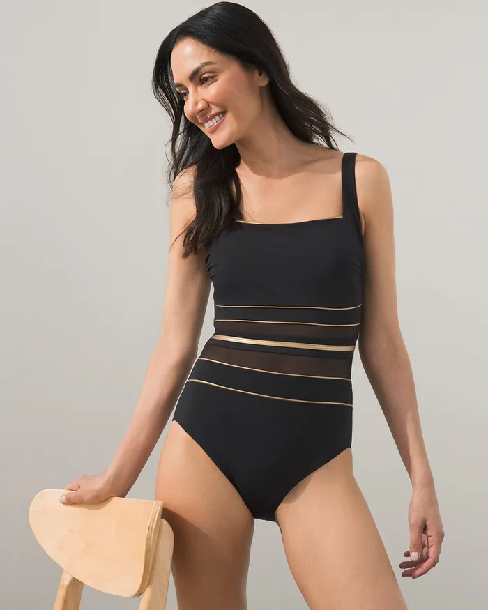 Chico039s Onyx Square Neck Swimsuit BlackGold Women Swim