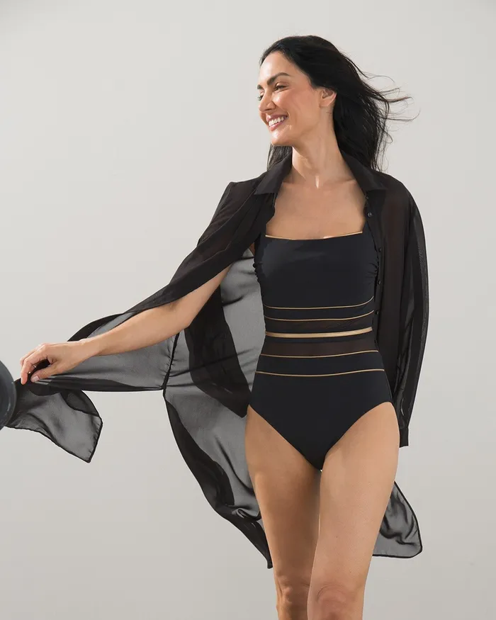 Chico039s Onyx Square Neck Swimsuit BlackGold Women Swim