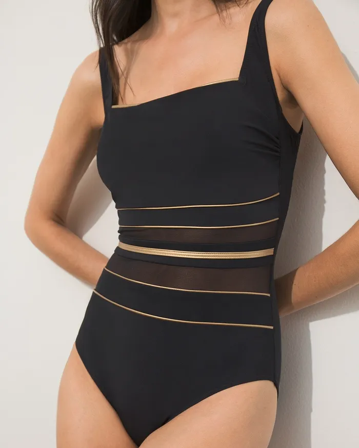 Chico039s Onyx Square Neck Swimsuit BlackGold Women Swim