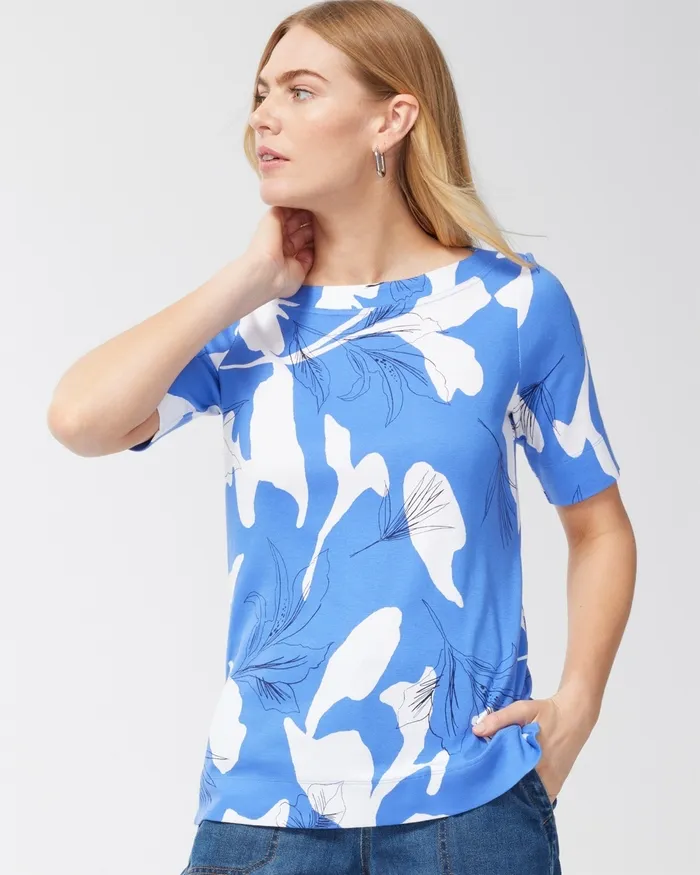 Chico039s Pima Everyday Tropical Print Tee Amparo Blue Women Tees