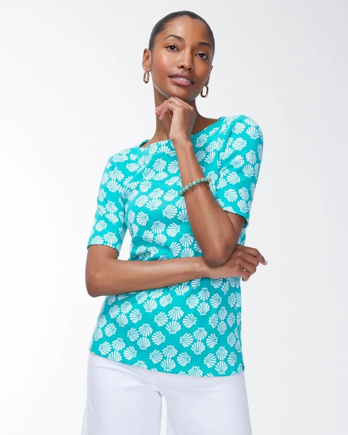 Chico039s Pima Shell Print Everyday Tee Tropical Jade Women Tops