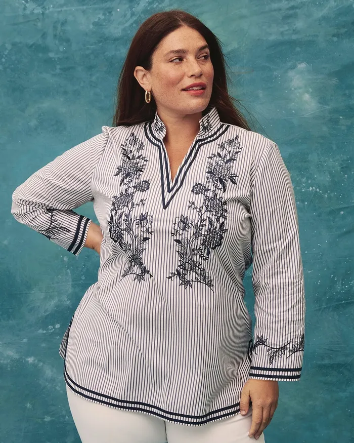 Chico039s Poplin Embroidered Stripe Tunic Classic Navy Women Tops
