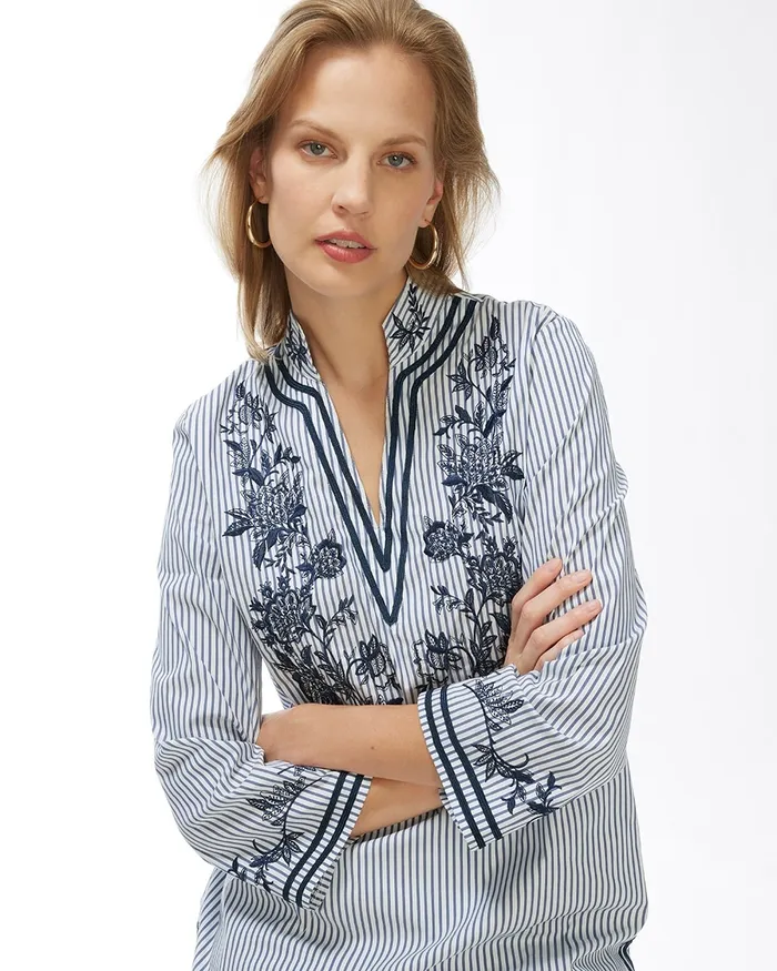 Chico039s Poplin Embroidered Stripe Tunic Classic Navy Women Tops