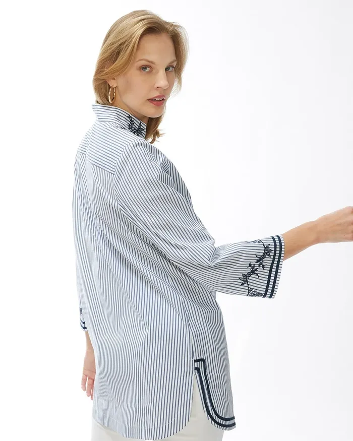 Chico039s Poplin Embroidered Stripe Tunic Classic Navy Women Tops