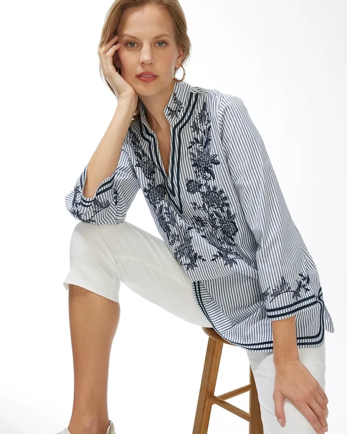 Chico039s Poplin Embroidered Stripe Tunic Classic Navy Women Tops