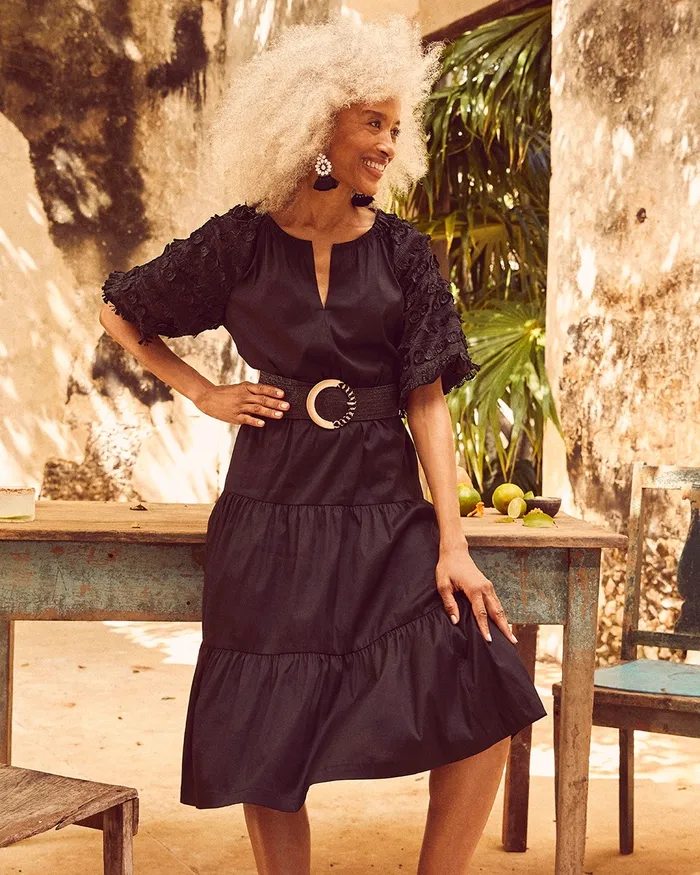 Chico039s Poplin Fringe Puff Sleeve Dress Black Women Dresses and Skirts