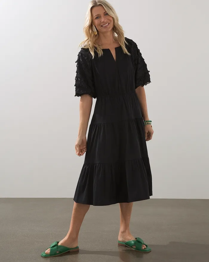 Chico039s Poplin Fringe Puff Sleeve Dress Black Women Dresses and Skirts