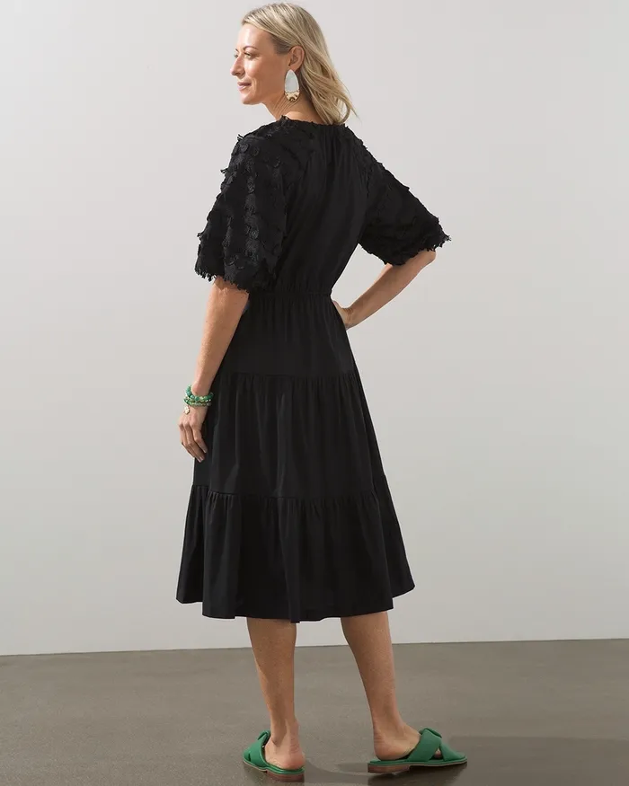Chico039s Poplin Fringe Puff Sleeve Dress Black Women Dresses and Skirts