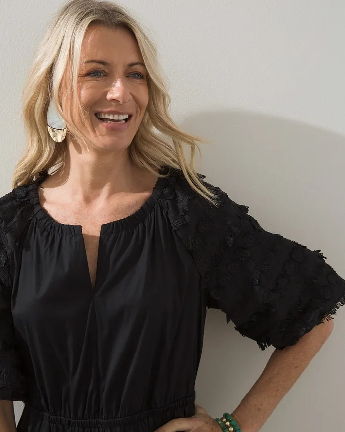 Chico039s Poplin Fringe Puff Sleeve Dress Black Women Dresses and Skirts
