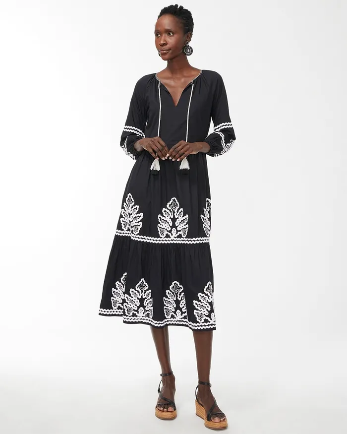 Chico039s Rickrack Tiered Midi Dress BlackAlabaster Women Dresses and Skirts