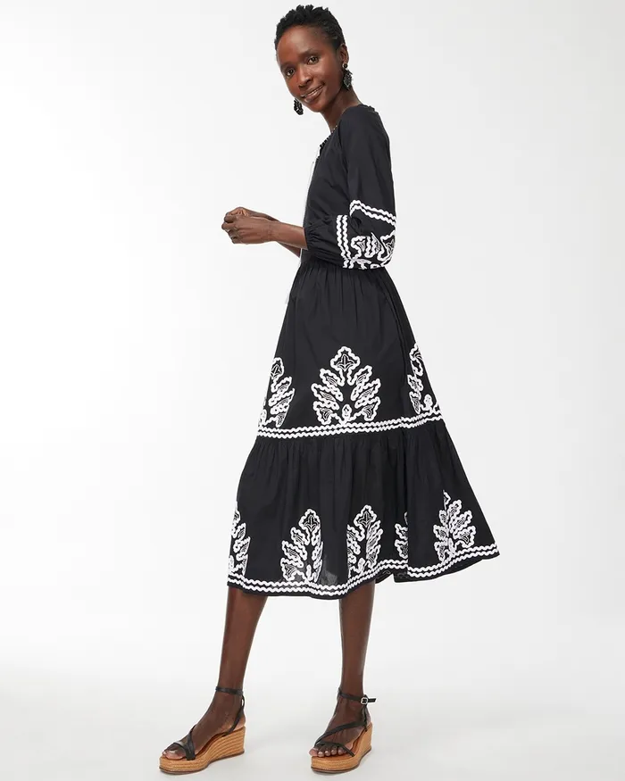Chico039s Rickrack Tiered Midi Dress BlackAlabaster Women Dresses and Skirts