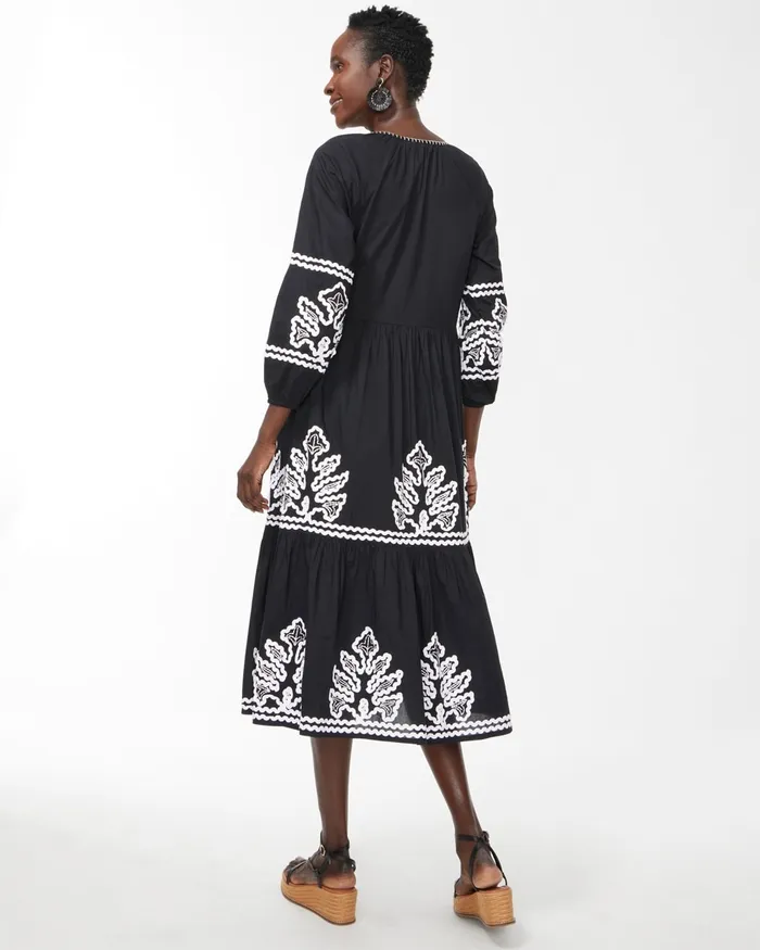 Chico039s Rickrack Tiered Midi Dress BlackAlabaster Women Dresses and Skirts