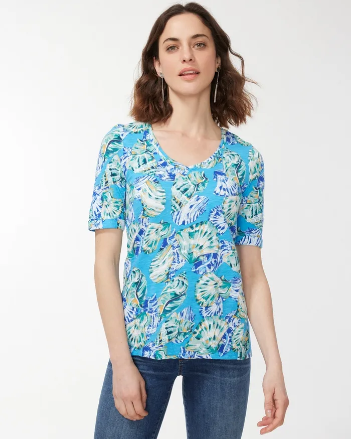 Chico039s Shell Print Seamed Slub Tee Poolside Blue Women Tops