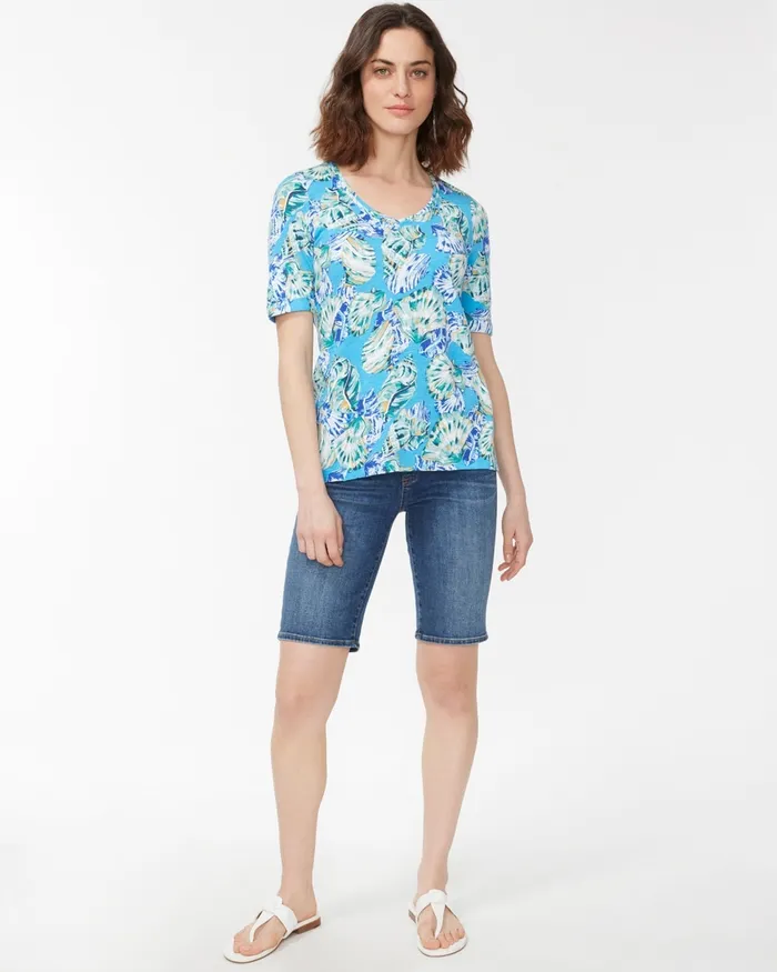 Chico039s Shell Print Seamed Slub Tee Poolside Blue Women Tops