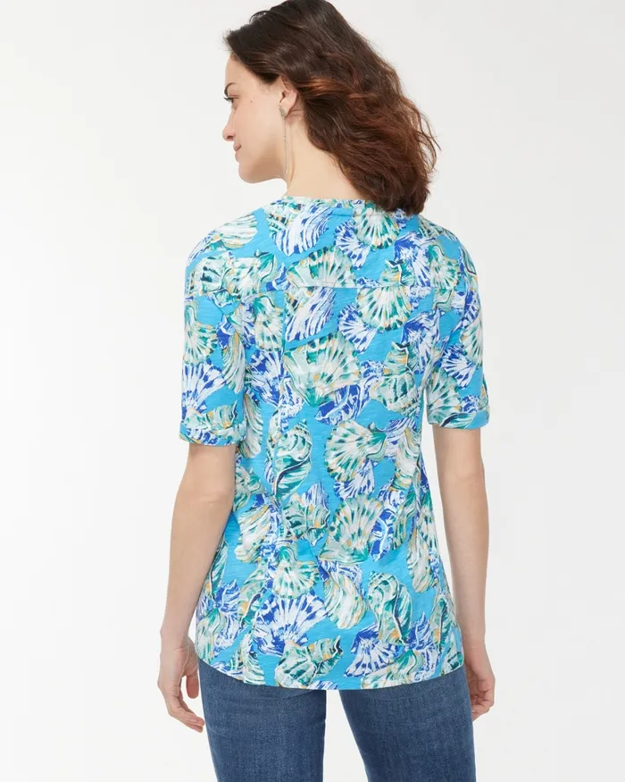 Chico039s Shell Print Seamed Slub Tee Poolside Blue Women Tops