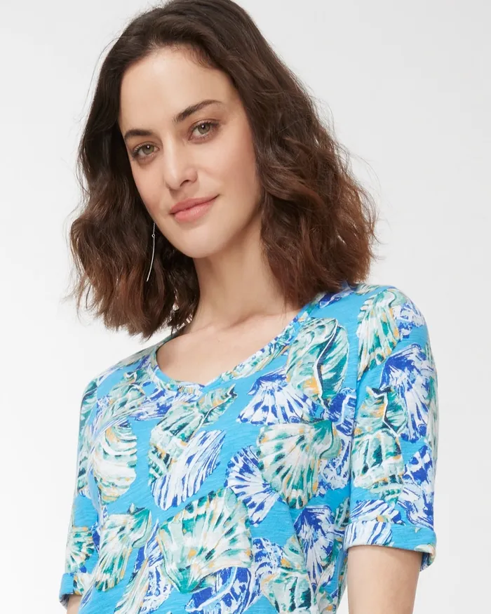 Chico039s Shell Print Seamed Slub Tee Poolside Blue Women Tops