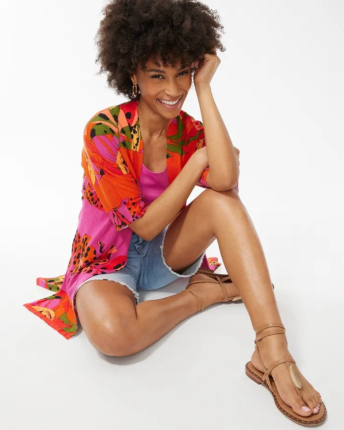 Chico039s Summer Romance Foliage Midi Cardigan Flame Scarlet Women Sweaters