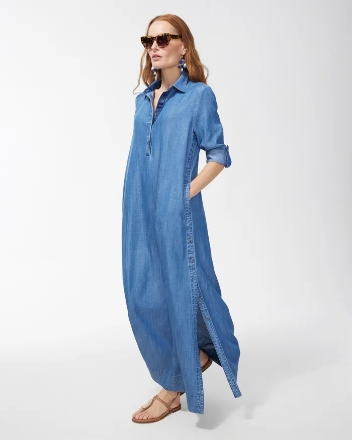Chico039s Tencel Side Button Maxi Shirt Dress Pearl Indigo Women Dresses and Skirts