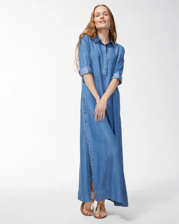 Chico039s Tencel Side Button Maxi Shirt Dress Pearl Indigo Women Dresses and Skirts