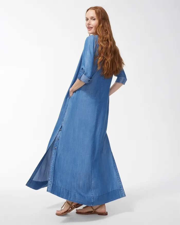 Chico039s Tencel Side Button Maxi Shirt Dress Pearl Indigo Women Dresses and Skirts