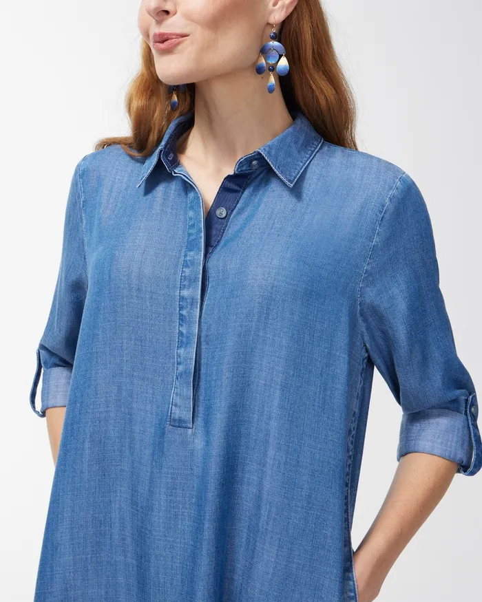 Chico039s Tencel Side Button Maxi Shirt Dress Pearl Indigo Women Dresses and Skirts