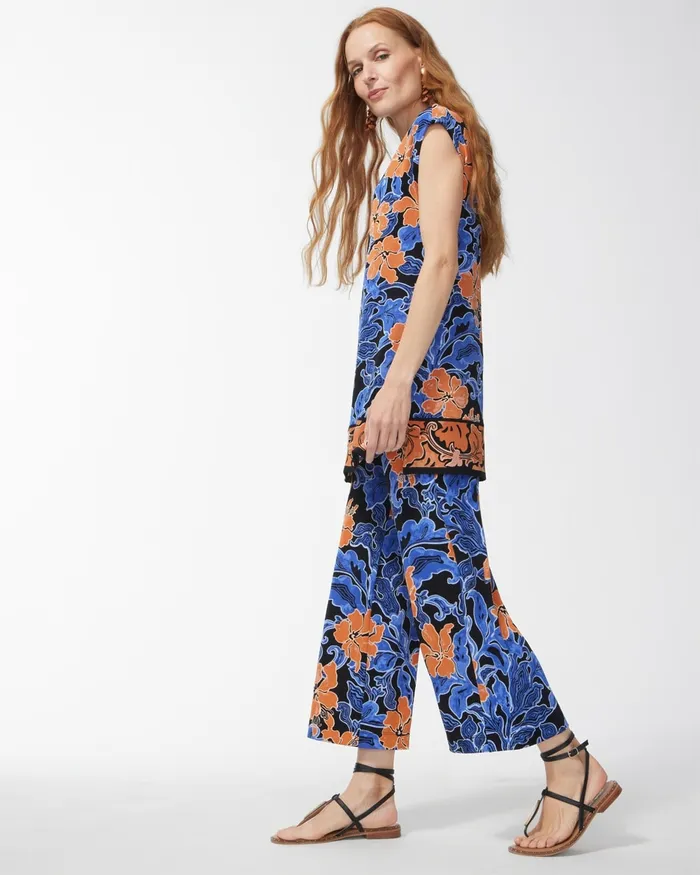Chico039s Travelers Floral Print Crops Blue Grotto Women Pants