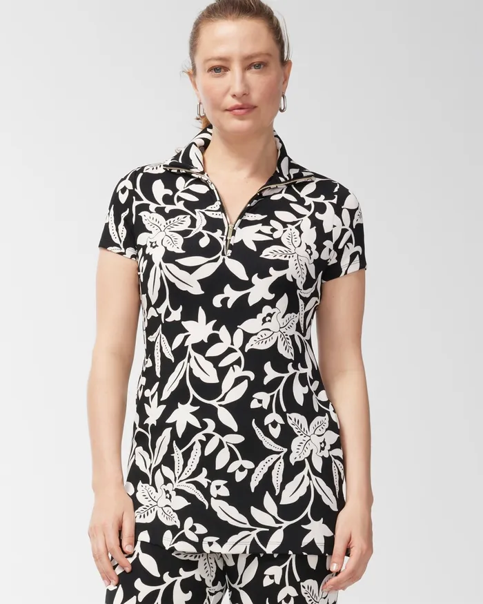 Chico039s Travelers Floral Print Zip Front Top BlackWhite Women Tops