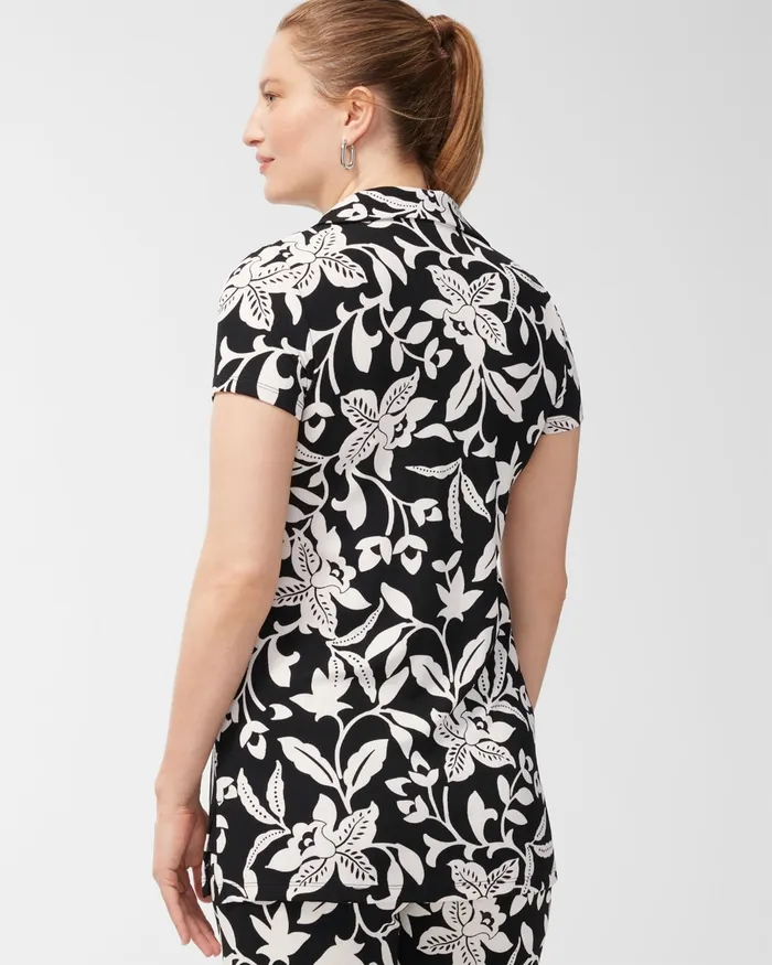 Chico039s Travelers Floral Print Zip Front Top BlackWhite Women Tops