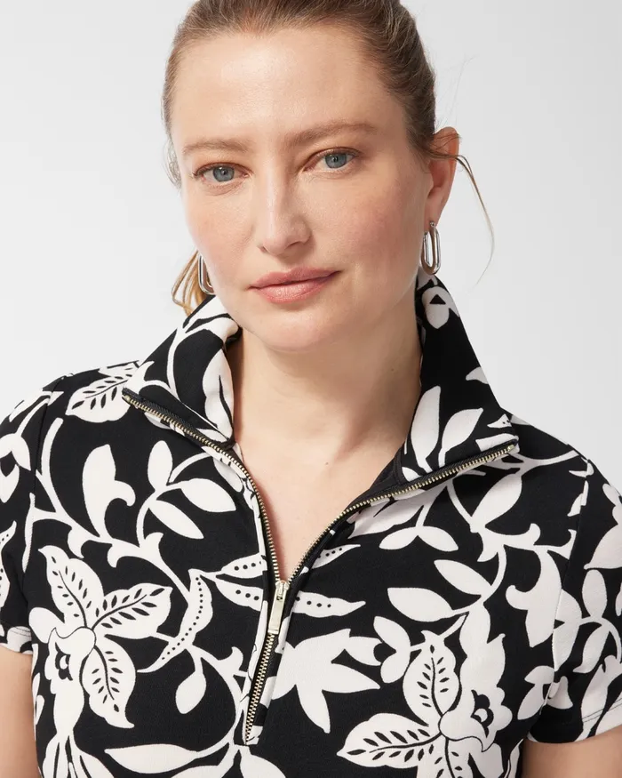 Chico039s Travelers Floral Print Zip Front Top BlackWhite Women Tops