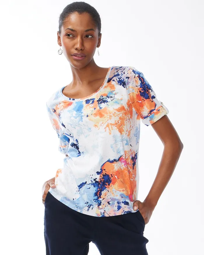 Chico039s Watercolor Everyday Cuff Sleeve Tee Classic Navy Women Tops