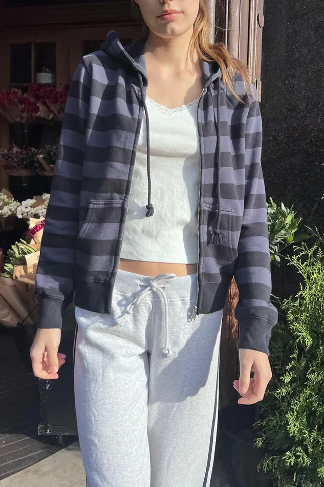 Christy Striped Hoodie Dusty Navy Purple Stripes Women Brandy Melville Sweatpants and Sweatshirts
