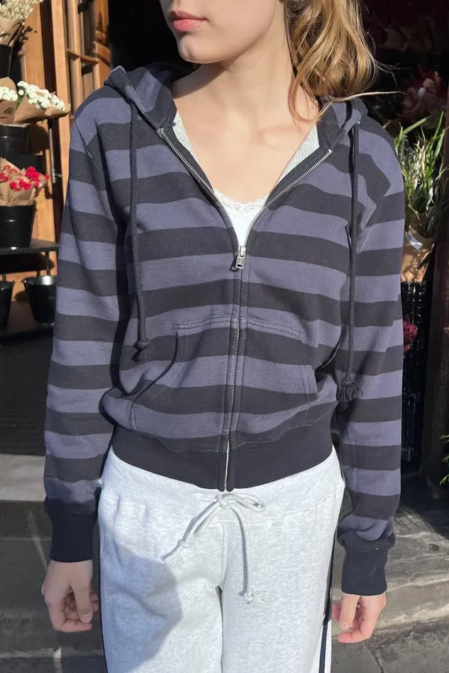 Christy Striped Hoodie Dusty Navy Purple Stripes Women Brandy Melville Sweatpants and Sweatshirts