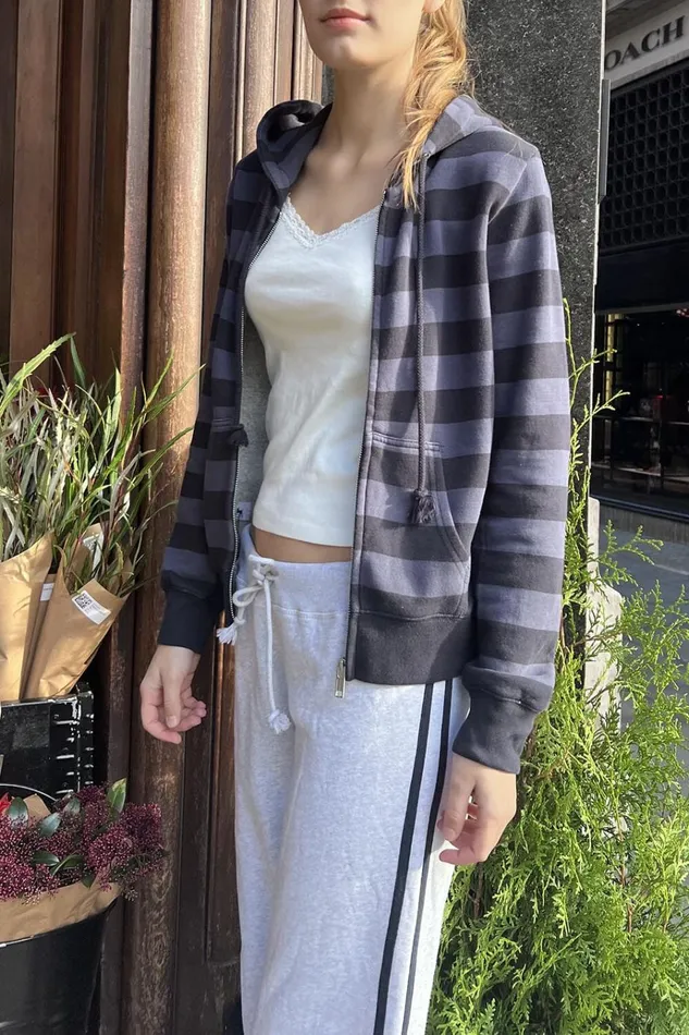 Christy Striped Hoodie Dusty Navy Purple Stripes Women Brandy Melville Sweatpants and Sweatshirts