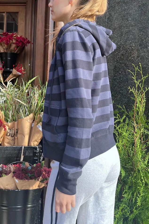 Christy Striped Hoodie Dusty Navy Purple Stripes Women Brandy Melville Sweatpants and Sweatshirts