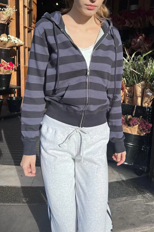 Christy Striped Hoodie Dusty Navy Purple Stripes Women Brandy Melville Sweatpants and Sweatshirts