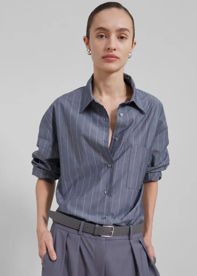 Clothing Women The Frankie Shop Beatrix Button Up Shirt 8211 GreyWhite Pinstripe