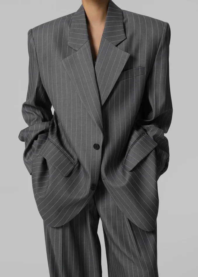Clothing Women The Frankie Shop Holland Padded Shoulder Blazer 8211 CharcoalWhite Pinstripe