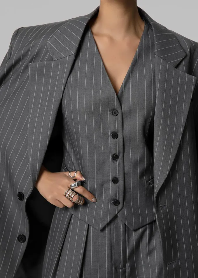 Clothing Women The Frankie Shop Holland Padded Shoulder Blazer 8211 CharcoalWhite Pinstripe