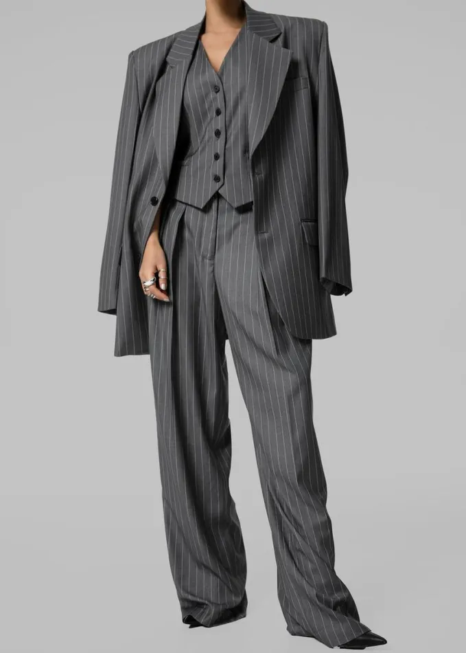 Clothing Women The Frankie Shop Holland Padded Shoulder Blazer 8211 CharcoalWhite Pinstripe