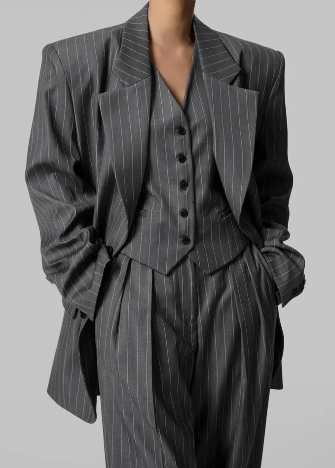 Clothing Women The Frankie Shop Holland Padded Shoulder Blazer 8211 CharcoalWhite Pinstripe