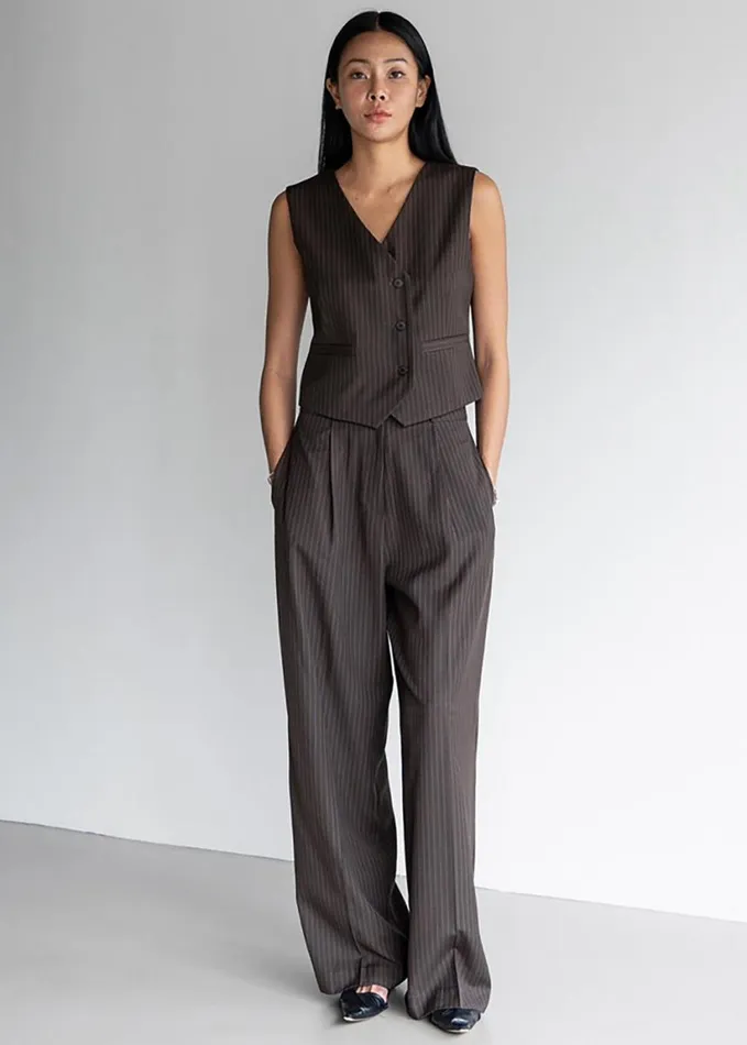 Clothing Women The Frankie Shop Ivey Pintuck Trousers 8211 BrownWhite Pinstripe