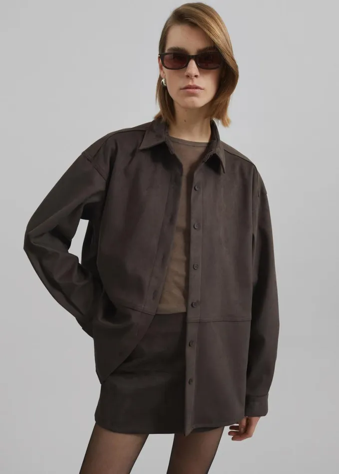 Clothing Women The Frankie Shop Regina Faux Suede Shirt 8211 Brown