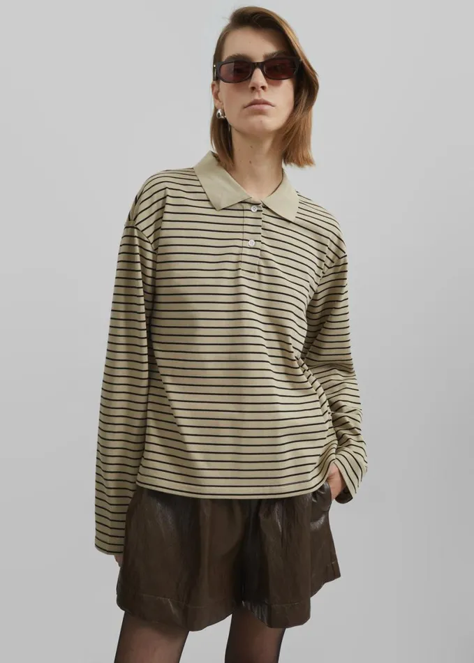 Clothing Women The Frankie Shop Taryn Striped Polo 8211 BeigeBlack Stripe