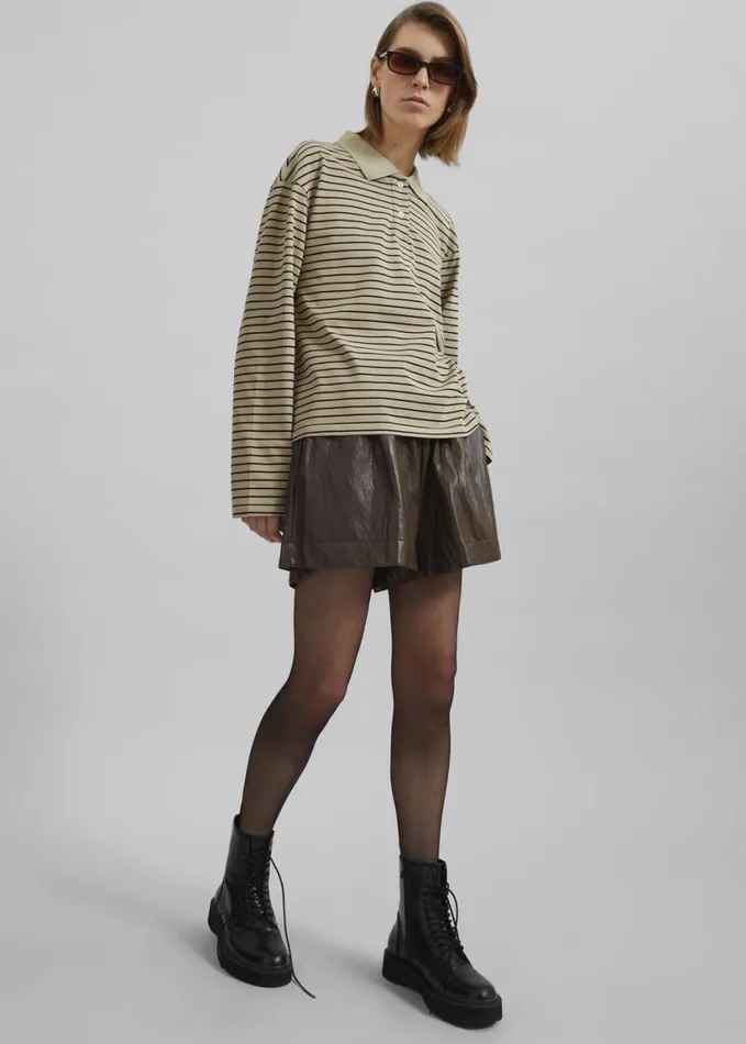Clothing Women The Frankie Shop Taryn Striped Polo 8211 BeigeBlack Stripe