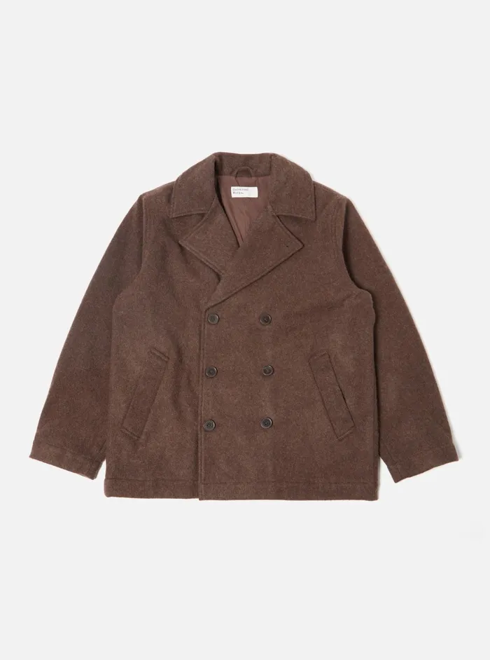 Coats and Outerwear Men Universal Works Universal Works Peacoat In Brown Melange Melton Coats and Outerwear Men Universal Works Universal Works Peacoat In Brown Melange Melton