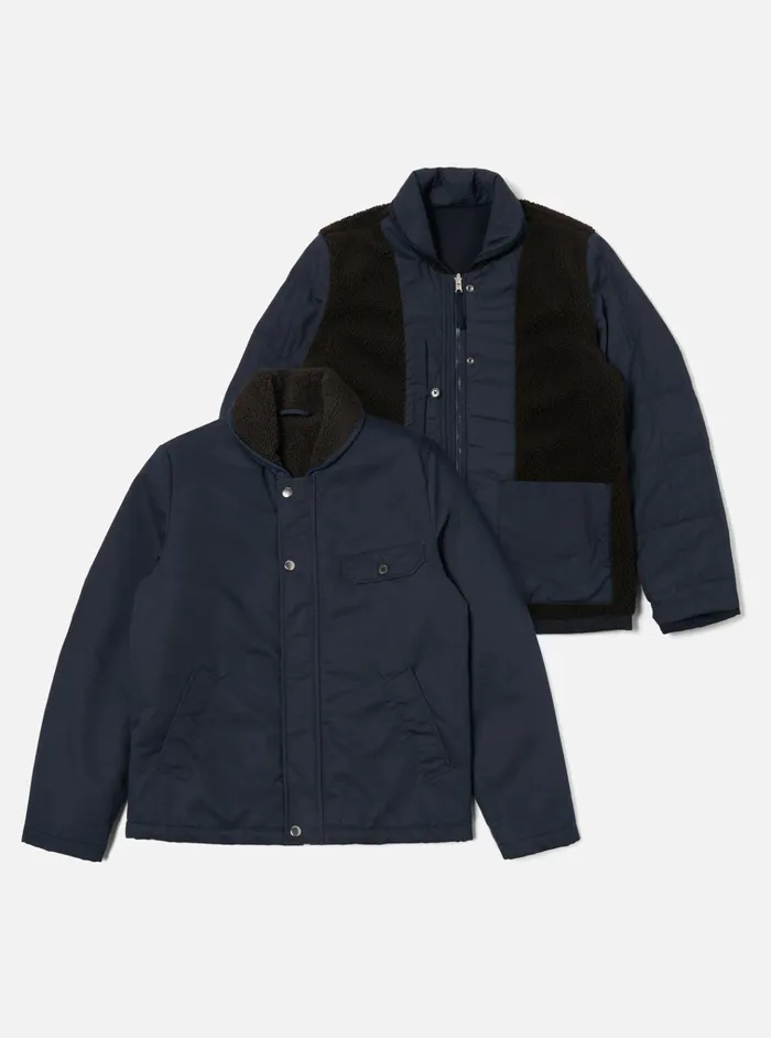 Coats and Outerwear Men Universal Works Universal Works Reversible N1 Jacket In NavyBrown Brushed PolytechSherpa Coats and Outerwear Men Universal Works Universal Works Reversible N1 Jacket In NavyBrown Brushed PolytechSherpa
