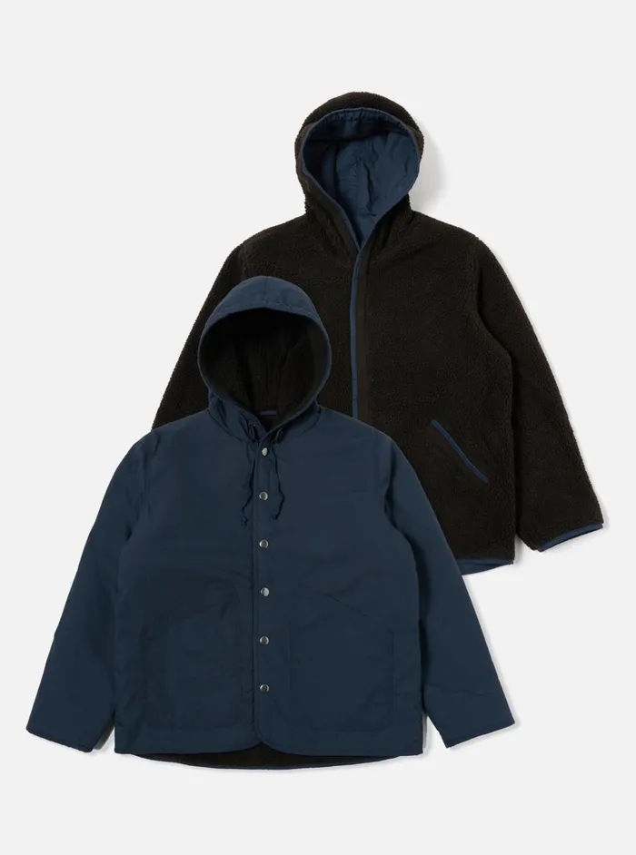 Coats and Outerwear Men Universal Works Universal Works Reversible Simple Hooded Jacket In NavyBrown Recycled PolytechSherpa Coats and Outerwear Men Universal Works Universal Works Reversible Simple Hooded Jacket In NavyBrown Recycled PolytechSherpa