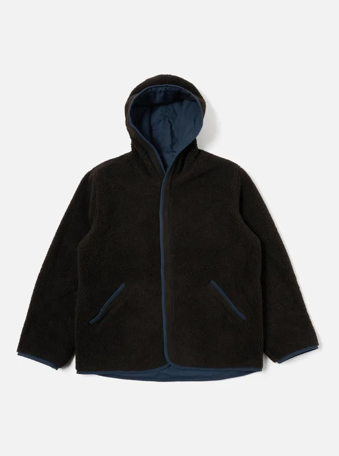 Coats and Outerwear Men Universal Works Universal Works Reversible Simple Hooded Jacket In NavyBrown Recycled PolytechSherpa
